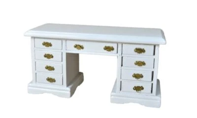 Bambole Casa Bianco Doppio Piedistallo a Ponte Scrivania 1:12 Ufficio Studio - Immagine 1 di 4