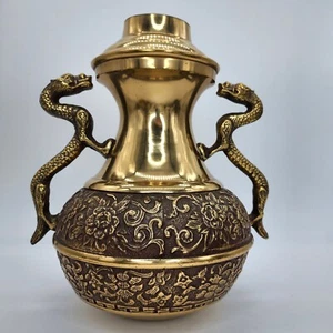 Lg Vintage Solid Brass Dragon Urn Vase Planter with Floral Motif Made In Korea - Picture 1 of 16