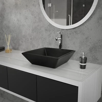 Vasque carré céramique noir lavabo à poser sur plan de toilette 410x410x120 mm - Photo 1/4