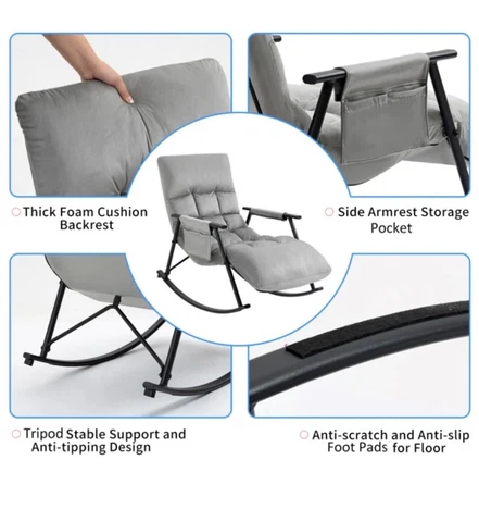 NEW/EASY ASSEMBLY/ CELE SFT CUSHION GRY METAL ROCKING CHAIR/ADJUSTABLE BACKREST Cover