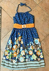 Rare Editions NWT 12 Blue polka dot flower print halter dress Spring/Summer - Picture 1 of 3