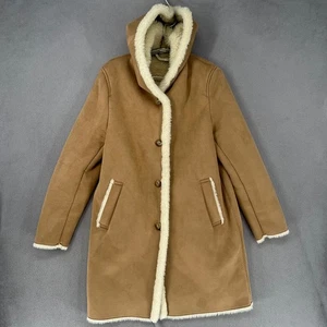 Uniqlo Jacket Womens Small Brown Suede Faux Shearling Fleece Longline Coat Hood - Picture 1 of 16