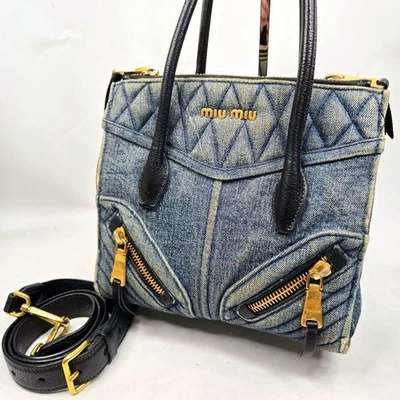 MIU MIU Logo Biker 2Way Handbag Shoulder Bag Denim Leather Blue Authentic - Image 1 of 4