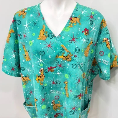 Women's Scrub Top Short Sleeve Scooby-Doo Plus size 3X Teal Christmas theme - Image 1 of 4