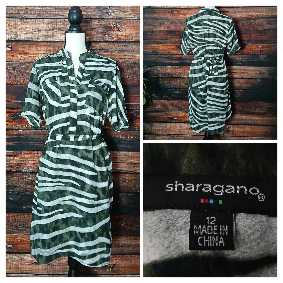 Vestido Sharagano Talla 12 Cinturón Verde Blanco Cebra Rayas Manga Corta Forrado  Foto 1 de 4