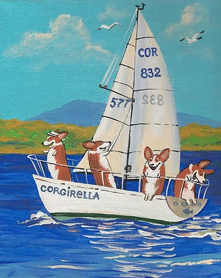 PRINT OF PAINTING PEMBROKE WELSH CORGI RYTA SEASCAPE BEACH YACHT folk art boat