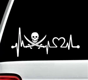 Adesivo decalcomania monitor battito cardiaco Jolly Roger Pirata cranio battito cardiaco K1085A spada - Foto 1 di 4