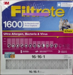 Filtrete 3M 16x16x1 Ultra Allergen 2X Bacteria and Virus Filter ~ 1600 MPR 4  Pk - Picture 1 of 2