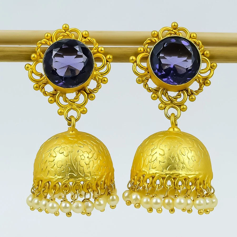 Brincos de lustre folheados a ouro com pedra preciosa de quartzo ametista joias de grife 2,5" - Imagem 1 de 1