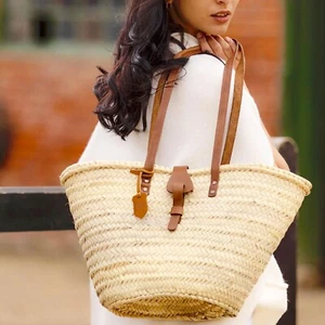 FRENCH BASKET straw basket with leather handles beach bag, straw bag, market bag - Picture 1 of 8