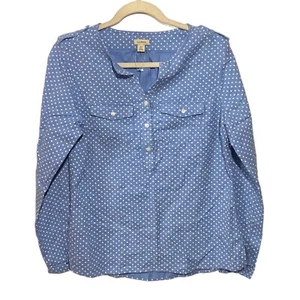 LL Bean Women's Sz XS 1/4 Button Up Top Blue White Polka Dot Shirt 100% Cotton - Picture 1 of 4