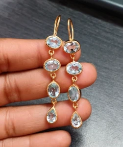 Natural Blue Topaz Long Dangle Hook Earrings Sterling Silver Gold Plated Jewelry - Picture 1 of 5