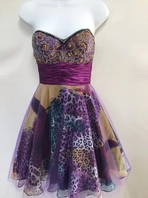 Faviana Couture Dress Strapless Beaded Party Prom Colorful Animal Print Size 2 - Image 1 of 4