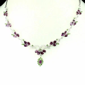 Sterling Silver Necklace Rhodolite Chrome Diopside Genuine Natural Gems 18 Inch - Picture 1 of 24