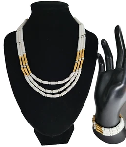 Vintage Monet Necklace and Bracelet Set Gold Tone w White Tube Beads 3 Stranded - Picture 1 of 10