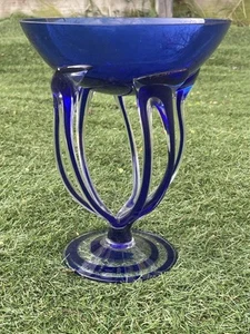 Josefina Krosnos Glass Cobalt Blue Jellyfish Pedestal Bowl Large Handblown - Picture 1 of 8