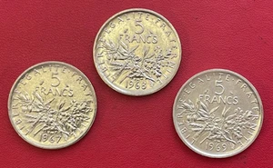 Schönes Lot von 3 Münzen 5 Francs Sämaschine Silber 1967, 1968 und 1969. Zustand sehr guter Zustand - Bild 1 von 2