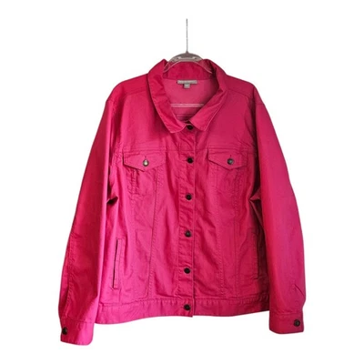 Chaqueta vaquera Woman Within 28W rosa brillante con bolsillos abotonados cuello Foto 1 de 4