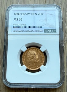 Sweden 1889 EB Gold 20 Kronor NGC MS65 Oscar II - Picture 1 of 2