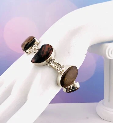 Винтажный браслет из стерлингового серебра 925 пробы с бронзитом/обсидианом/мхом агатом 1980-е, 8 дюймов - Изображение 1 из 4