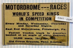 1913 MOTORDROME RACES PITTSBURGH PA. HOLZRENNBAHN 25¢ SELTENE ANZEIGE NEUE POSTKARTE - Bild 1 von 1