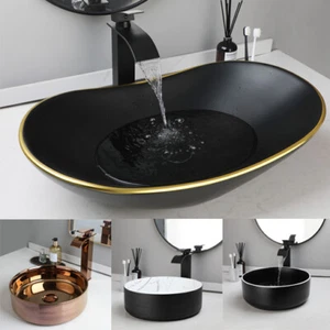 US Bathroom Ceramic Vessel Basin Sinks Bowl Waste Pop-up Drain With Taps - Picture 1 of 36