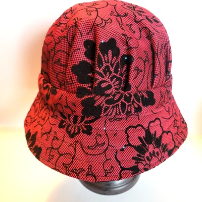 Tickled Pink Women's Small Red Checked Floral Sparkle Adjustable Bucket Hat EUC - Image 1 of 4