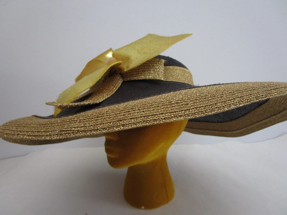 Jack McConnell Parasisal Fine Straw Hat Wide Brim Navy Gold Lurex Church Wedding - Image 1 of 4
