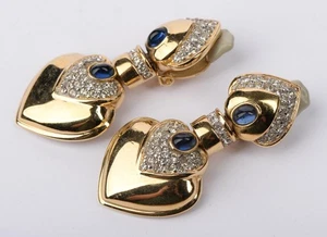Vintage Ciner Gold-Tone Heart Drop Earrings w/ Blue Cabochons & Rhinestones 2.28 - Picture 1 of 9