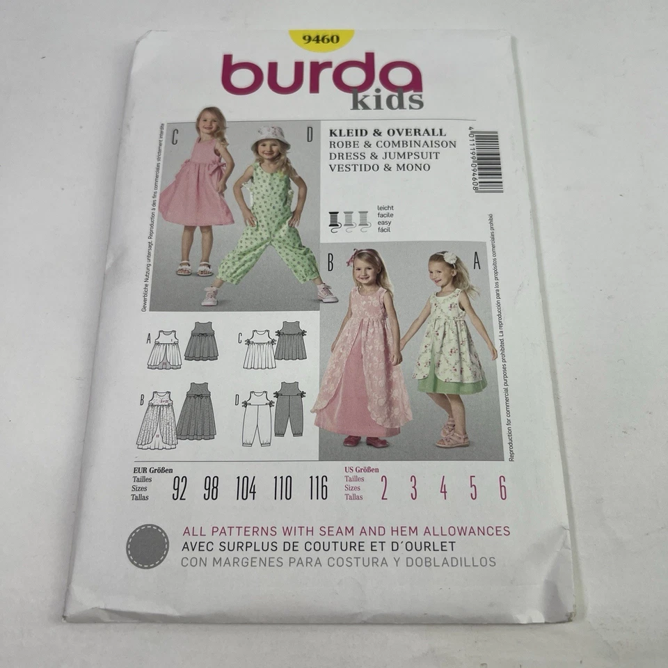 BURDA KIDS 9460 GIRLS DRESS & JUMPSUIT Sewing Pattern Ages 2 - 6  Skill: EASY - Image 1 of 4