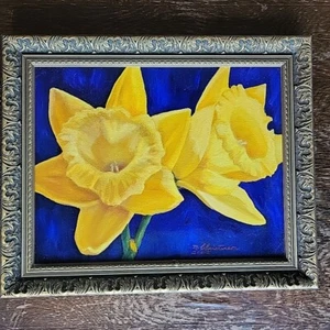 Lebendige gelbe Narzissen Kobaltblau Atemberaubender Orig Gemälde Rahmen M Christianson - Bild 1 von 16
