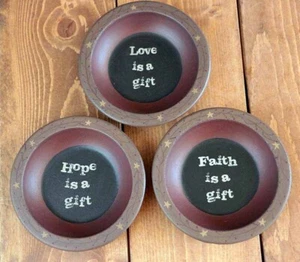 Primitive Christmas Decorative Wood Bowls Set of 3 Faith Hope Love 6 inch - Picture 1 of 1