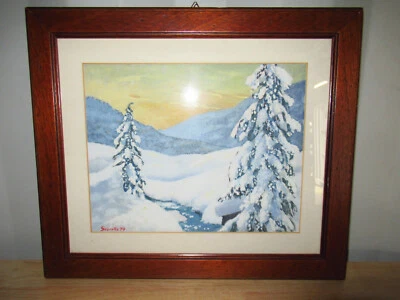 TABLEAU ANCIEN PEINTURE-PAYSAGE DE NEIGE MONTAGNE-CADRE BOIS - Photo 1/4