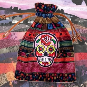 Boho Bag Mexican Sugar Skull Embroidered Patch Fabric Leather Drawstring - Picture 1 of 4