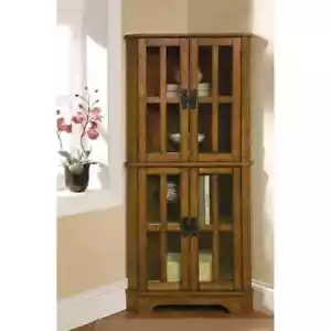 Corner Curio Display Cabinet Rustic Brown Solid Oak Wood Glass 4 Shelf Cupboard - Picture 1 of 7
