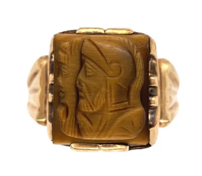 Anillo camafeo doble guerrero de cuarzo ojo de tigre genuino de oro de 10k para hombre (#J7061) Foto 1 de 4