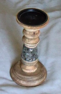 RUSTIC TURNED WOODEN CANDLE STICK HOLDER WITH MIRROR EFFECT IN MIDDLE - Picture 1 of 7