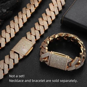 25mm Hip Hop Zircon Rhomboid Cuban Chain Necklace Bracelets Gold Plated - Picture 1 of 19
