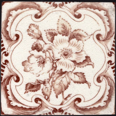 George Marsden - c1890 - Brown Floral & Parchment Scroll Border - Antique Tile - Image 1 of 3