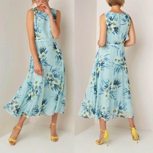 HOBBS CARLY SHEER MULTI FLORAL BLUE CHIFFON 50'S FLARE MIDI DRESS 8 ONCE £169 - Picture 1 of 8