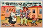 Route 66 Life On Wheels, Trailer Camp Bum, 1955 Comic Linen Curt Teich Postcard