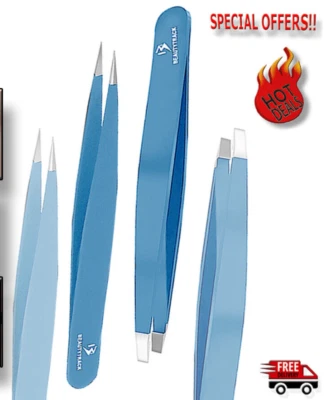 PROFESSIONAL EYEBROW TWEEZERS HAIR BEAUTY SLANTED STAINLESS STEEL TWEEZERS SET 2 - Image 1 of 4