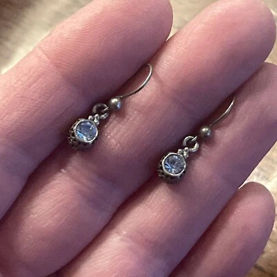 Sterling Silver Hexagon Blue Crystal Earrings 1” Dangle Tested - Image 1 of 2