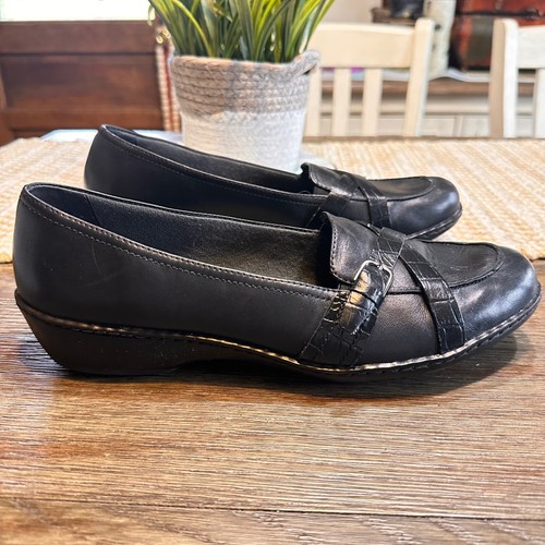 Clarks Mocassini in pelle fibbia accento scarpe comode slip on nere 10M