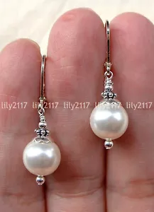 8-14mm White Akoya South Sea Shell Pearl Round Beads Silver Dangle Earrings AA - Picture 1 of 7
