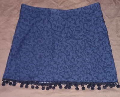 Mini Skirt  Blue Denim & Black Victorian Vine Pattern Pom Pom Hem DOLLHOUSE VINT - Image 1 of 4