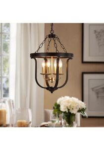 Farmhouse 4light Cage Chandelier 14.5" Black Metal And Faux Wood Rustic Chandeli