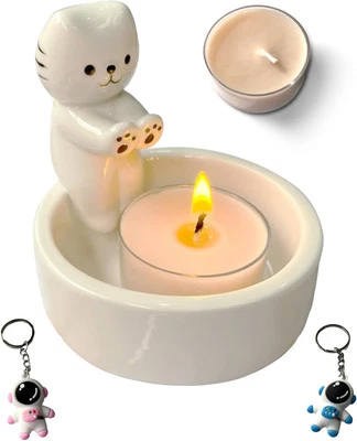 Candelabro para gato, lindas velas perfumadas para gatito de dibujos animados blanco y rosa  Foto 1 de 4