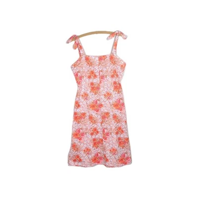 Vtg 70s Dress Floral Tie Shoulder Poly Knit w Belt M Retro Pink Red Pinup Mini  - Image 1 of 4