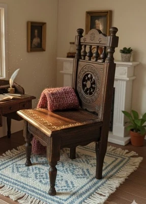 Chaise de poupée sculptée en bois foncé  Décoration vintage breton - Photo 1/4